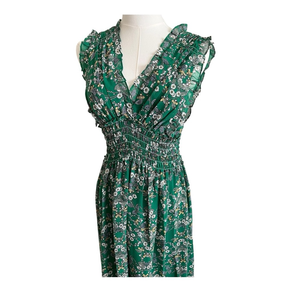 Green Floral V-Neck Smocked Waist Maxi Dress - Picture 4 of 8